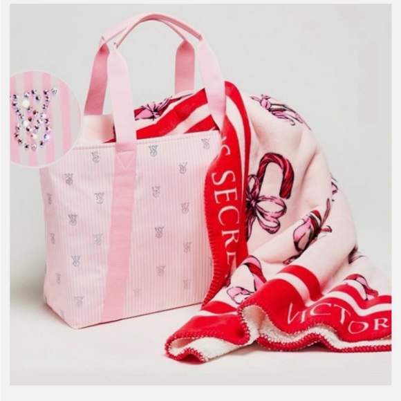 Victoria’s Secret bling heritage stripe tote and candy cane blanket - Picture 4 of 4